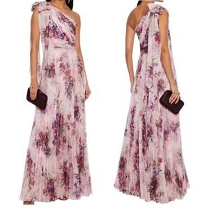 Marchesa Notte One-Shoulder Bow Floral-Print Chiffon Gown Women's 4 Blush Pink